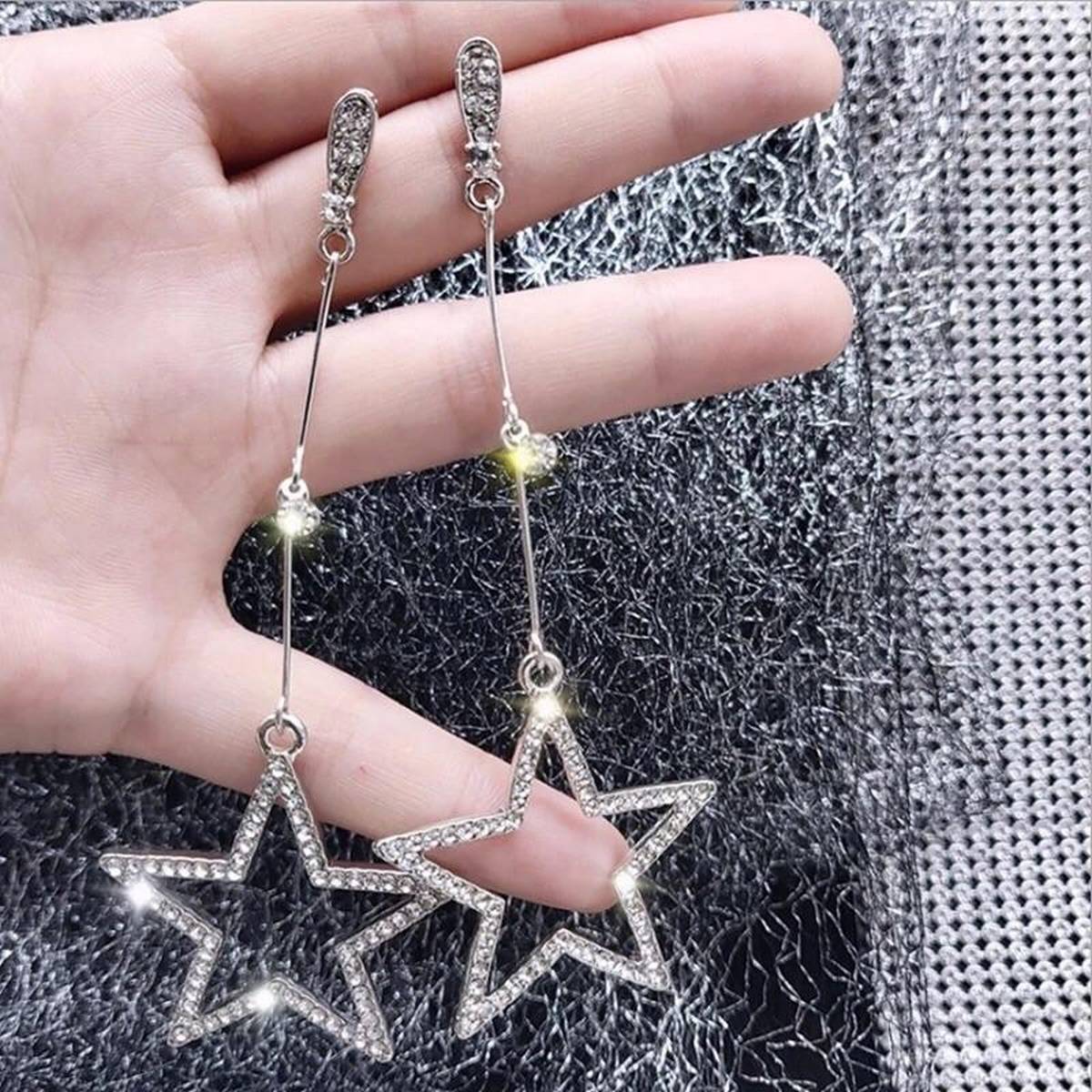 Fully Shinny Crystal Zircon Star Love Tassel Earring Long Trendy - Hanaya Store