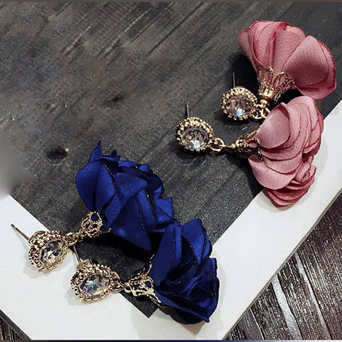 Geometric Round Trendy Cloth Art Flower Crystal Drop Earrings - Hanaya Store