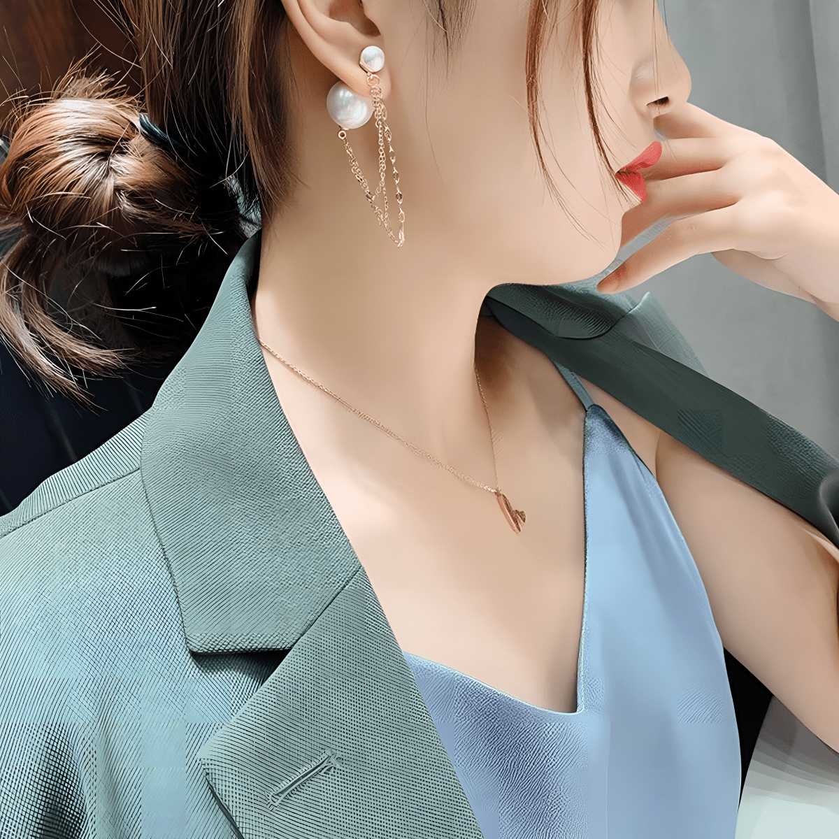 High Class Pearl 3 - Layered Chain Front Back Earrings - Hanaya Store