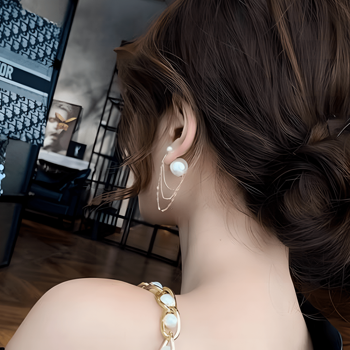 High Class Pearl 3 - Layered Chain Front Back Earrings - Hanaya Store