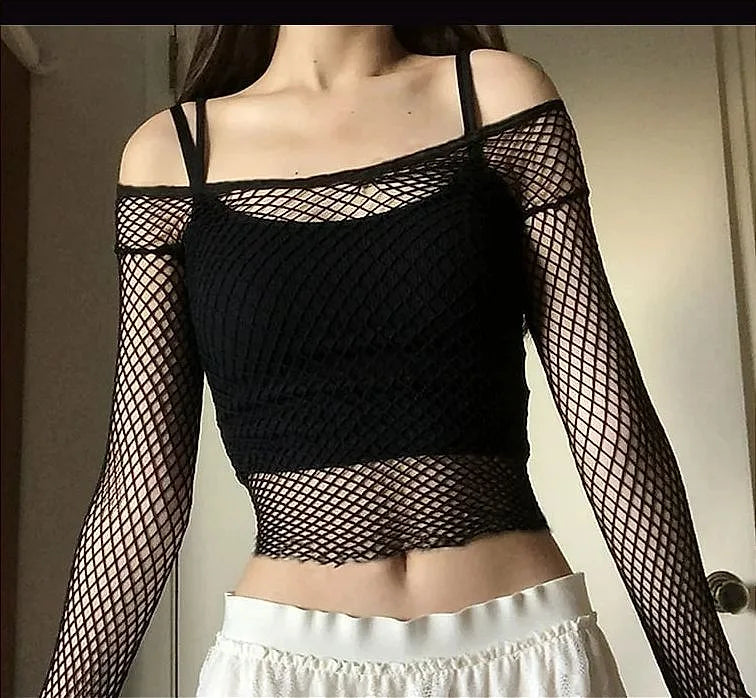 Just One Piece Top Hollow Fishnet One Size Hollow Out Shirt Body Long Sleeve Cosplay Black T Shirt Fishnet Underwear Base Clothes – Lingerie Bra Set Ladies Undergarments Pakistan | Hanaya Store