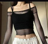 Just One Piece Top Hollow Fishnet One Size Hollow Out Shirt Body Long Sleeve Cosplay Black T Shirt Fishnet Underwear Base Clothes – Lingerie Bra Set Ladies Undergarments Pakistan | Hanaya Store