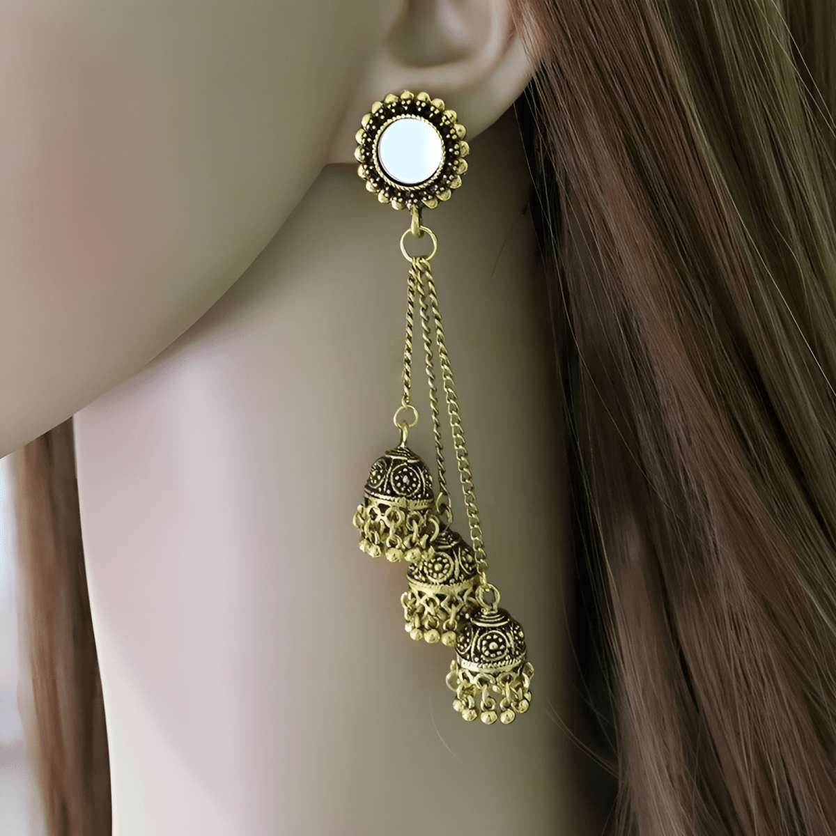 Latest Antique Trendy Super Light Weight Hyderabadi Style Earring Three Layered Classy Look Fashionable - Hanaya Store