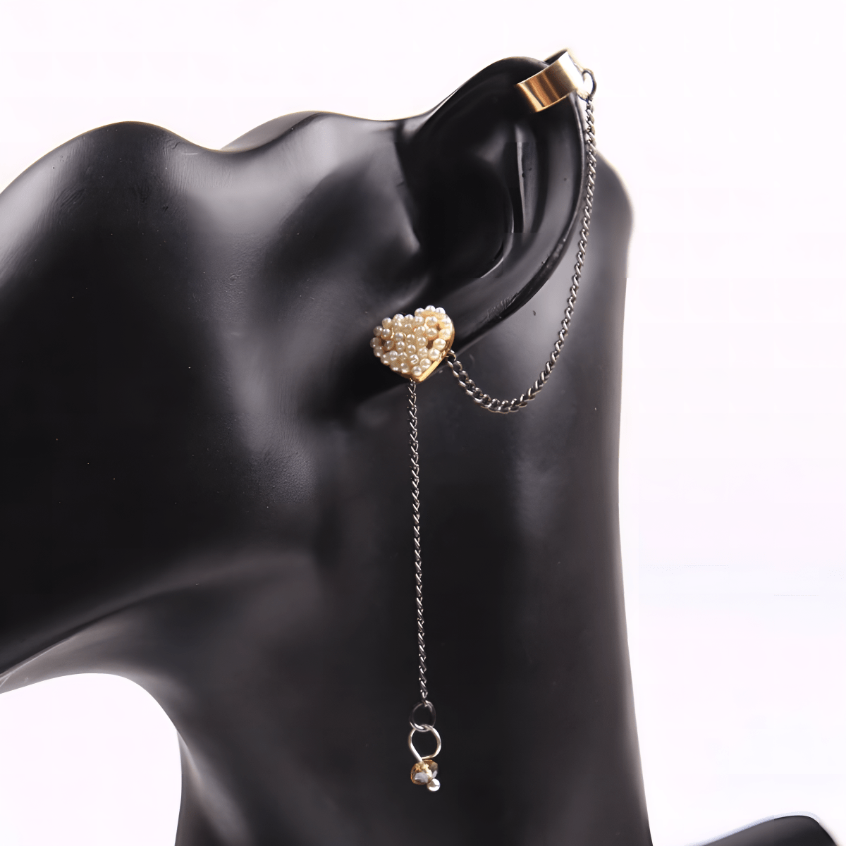Left & Right Trendy Ear Cuff Pair Tassel Chain With Pearls Heart Shaped - Hanaya Store