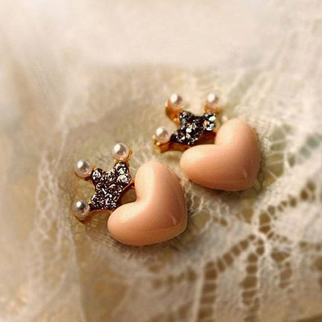 Love Small Crystal Crown Stud earrings Rose Peach Heart Earrings simulated Pearl - FREE Gift Box - Hanaya Store