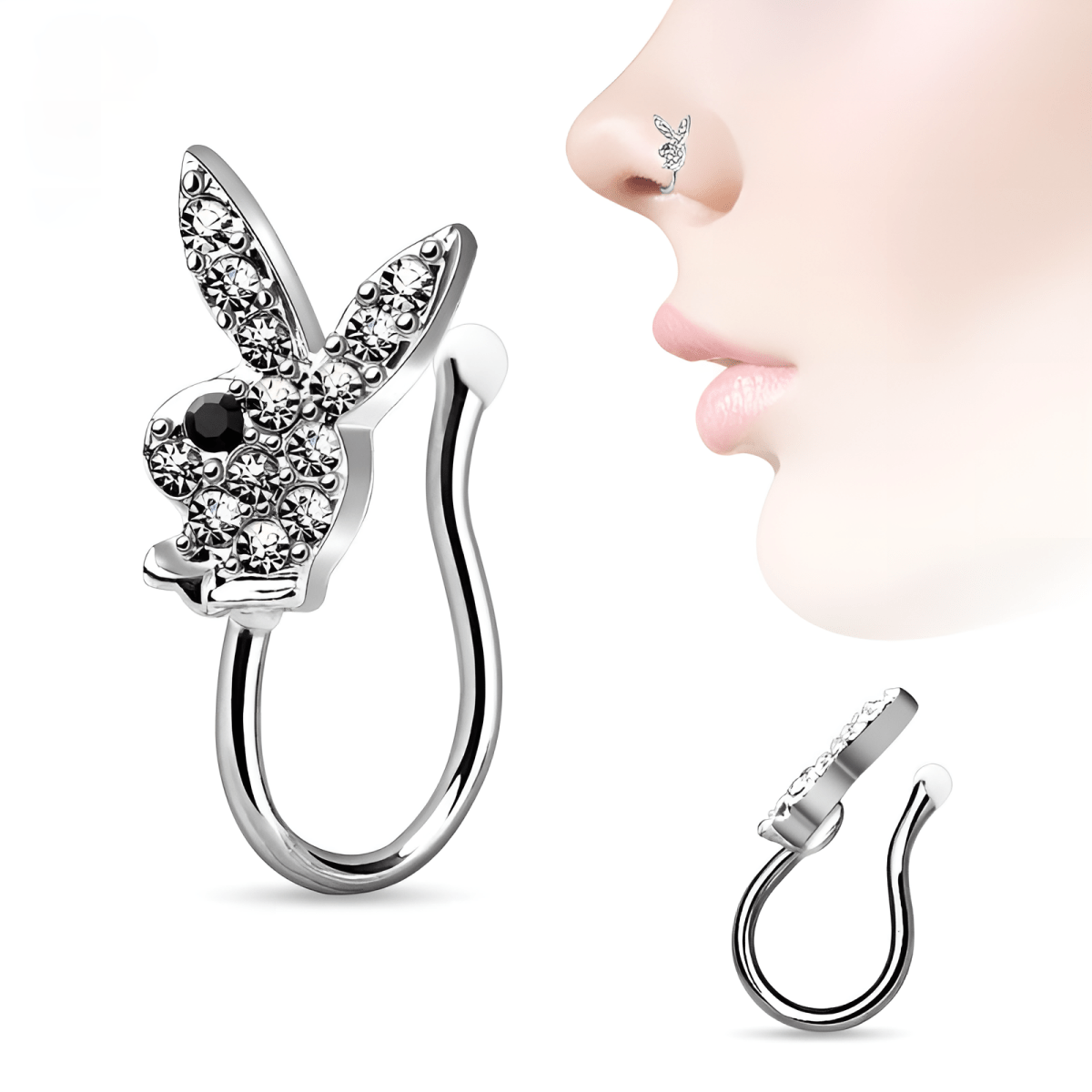 Non Piercing Adjustable Clip On Nose Pin Bunny Design CZ Nostril Body Jewelry - Hanaya Store