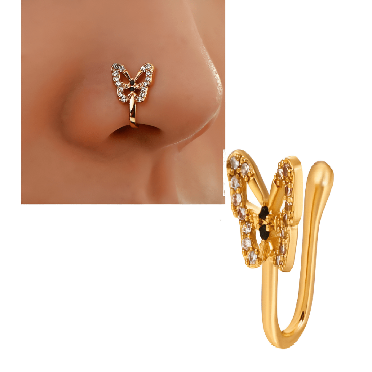 Non Piercing Adjustable Clip On Nose Pin Butterfly Design CZ Nostril Jewelry - Hanaya Store