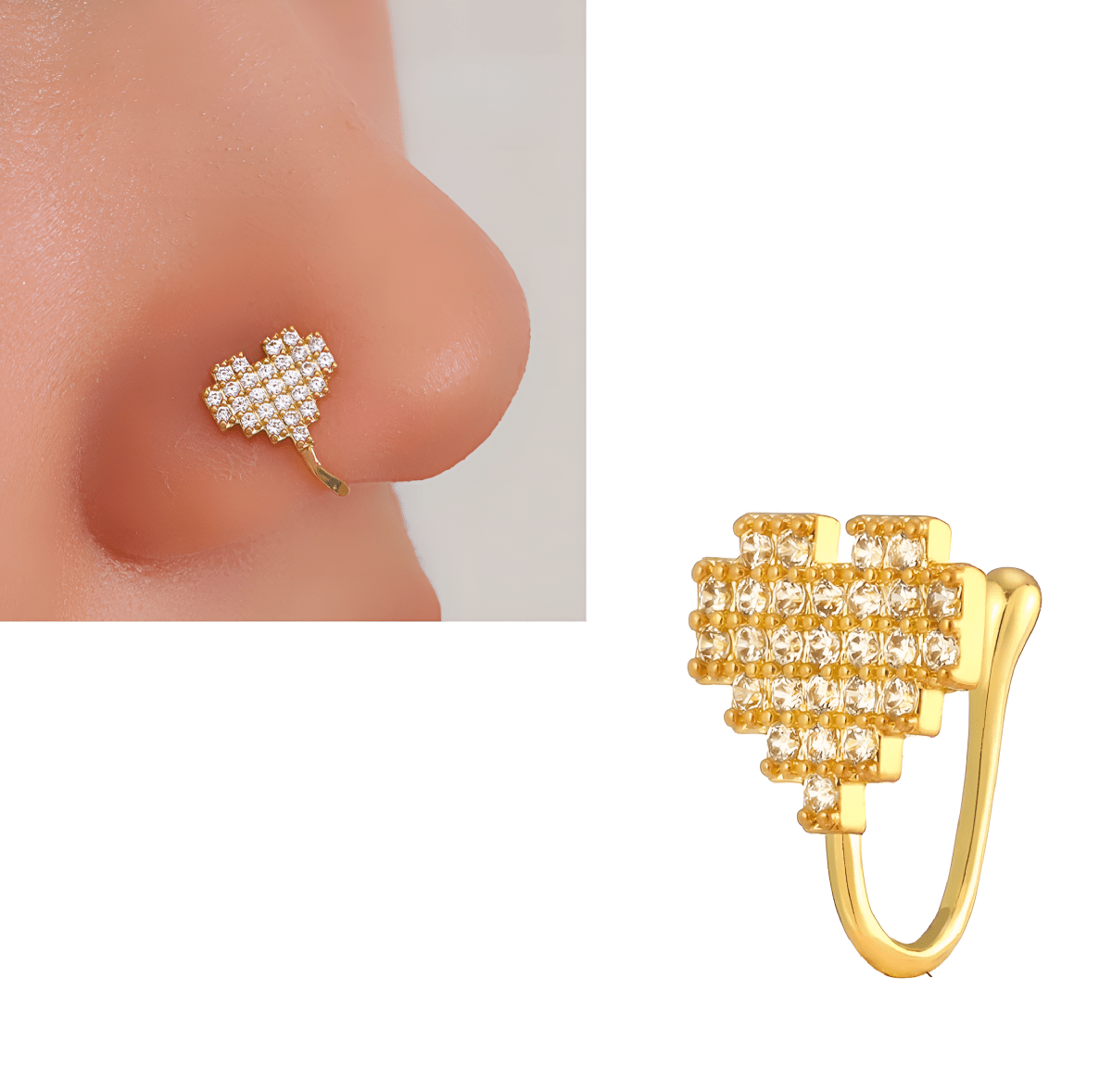 Non Piercing Heart Nose Pin Adjustable Clip On Nostril Jewelry with CZ Stones - Hanaya Store