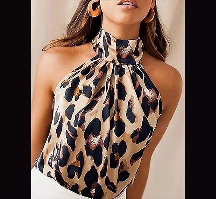 Off Shoulder Leopard Print Chiffon Blouse for Women Halter Backless Sleeveless Summer Casual Top – Online Shopping Pakistan | Hanaya Store