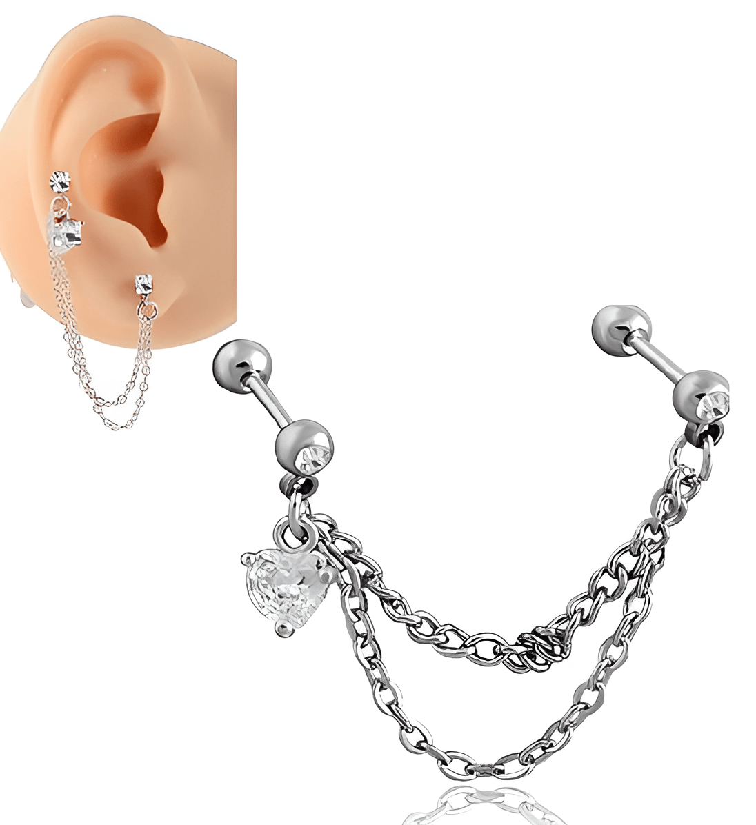 ORBITAL 1 Piece LOBE TRAGUS Cartilage Double Chain DAITH Long SNUG ROOK Helix Stud Crystal Daith HELIX Tragus Piercing Steel Earring - Hanaya Store