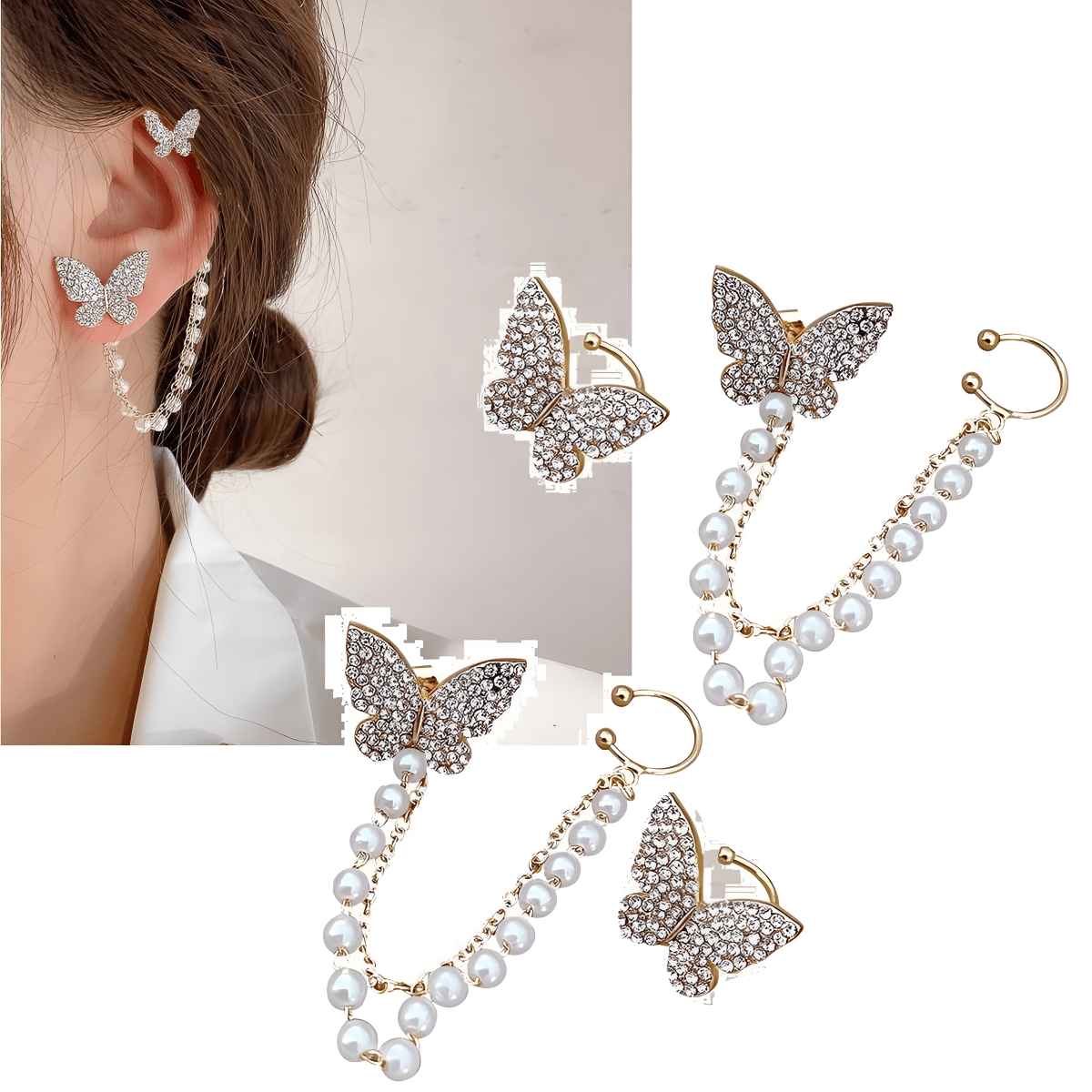 Pair Of High Quality Korean 4 Pcs Butterfly Style Ear Cuff Style Elegant Stylish Fashionable Earring - Hanaya Store