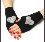 Rhinestone Fingerless Gloves Long Crystal Heart Love Thick