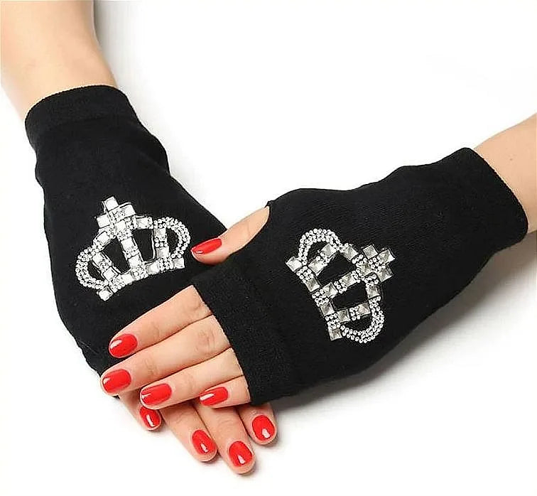 Rhinestone Fingerless Gloves Long Hand Crown Thick Gloves Fashionable Women Gloves - image 2
