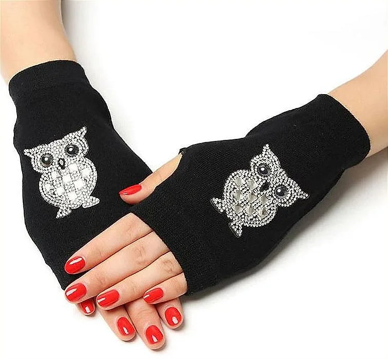 Rhinestone Fingerless Gloves Long Hand Owl Shape Thick Gloves Fashionable Women Gloves – Jali Dastane Mesh Lace Hand Gloves Pakistan | Hanaya Store