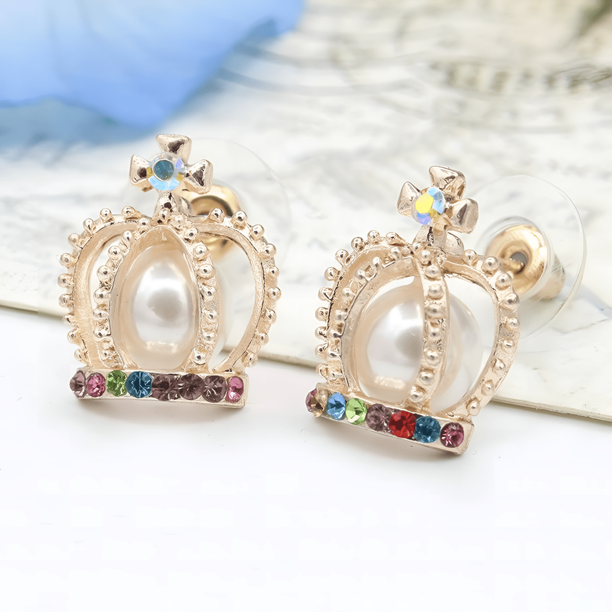 Small Colorful Crown Crystal Pearl Stud Earring - Hanaya Store