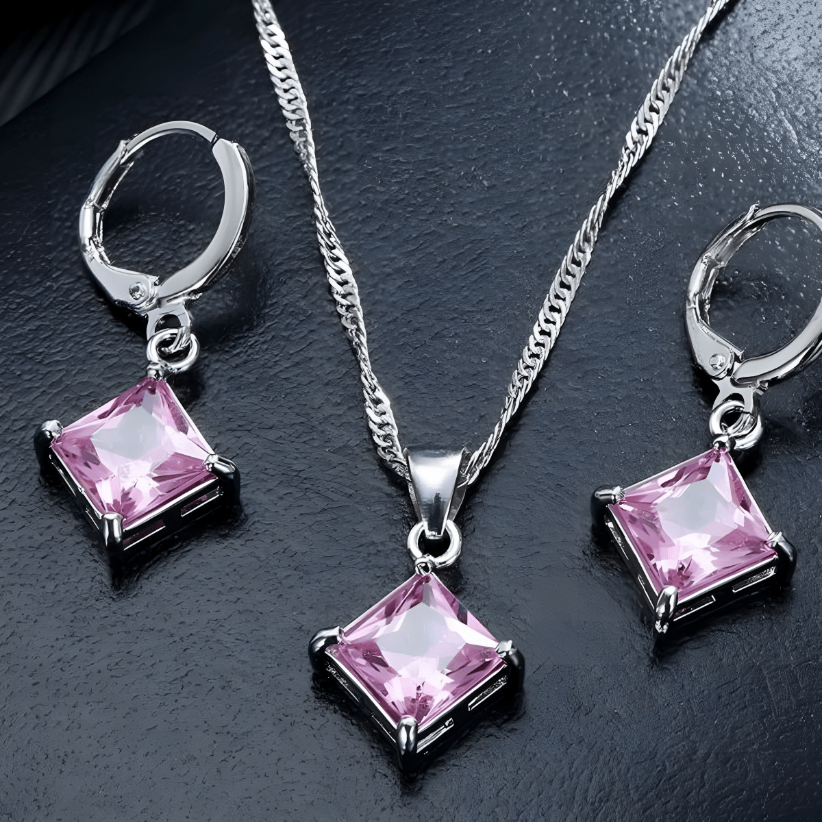 Stamped 925 Shiny Cz Geometric Classic Square Huggie Earrings And Necklace - Hanaya Store