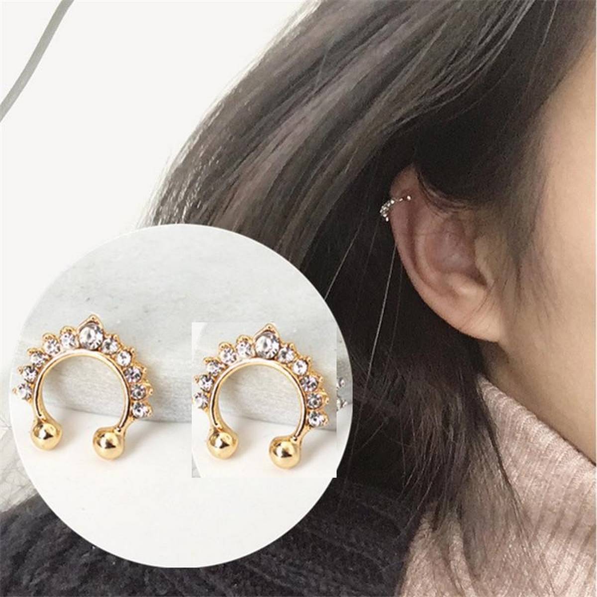 Trendy 2 Pieces Crystals Ear Cuff Earrings Adjustable Fashionable - Hanaya Store