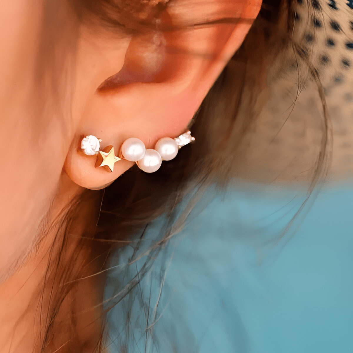 Trendy Classy Fashionable Stars and Pearls Elegant Golden Earring - Hanaya Store