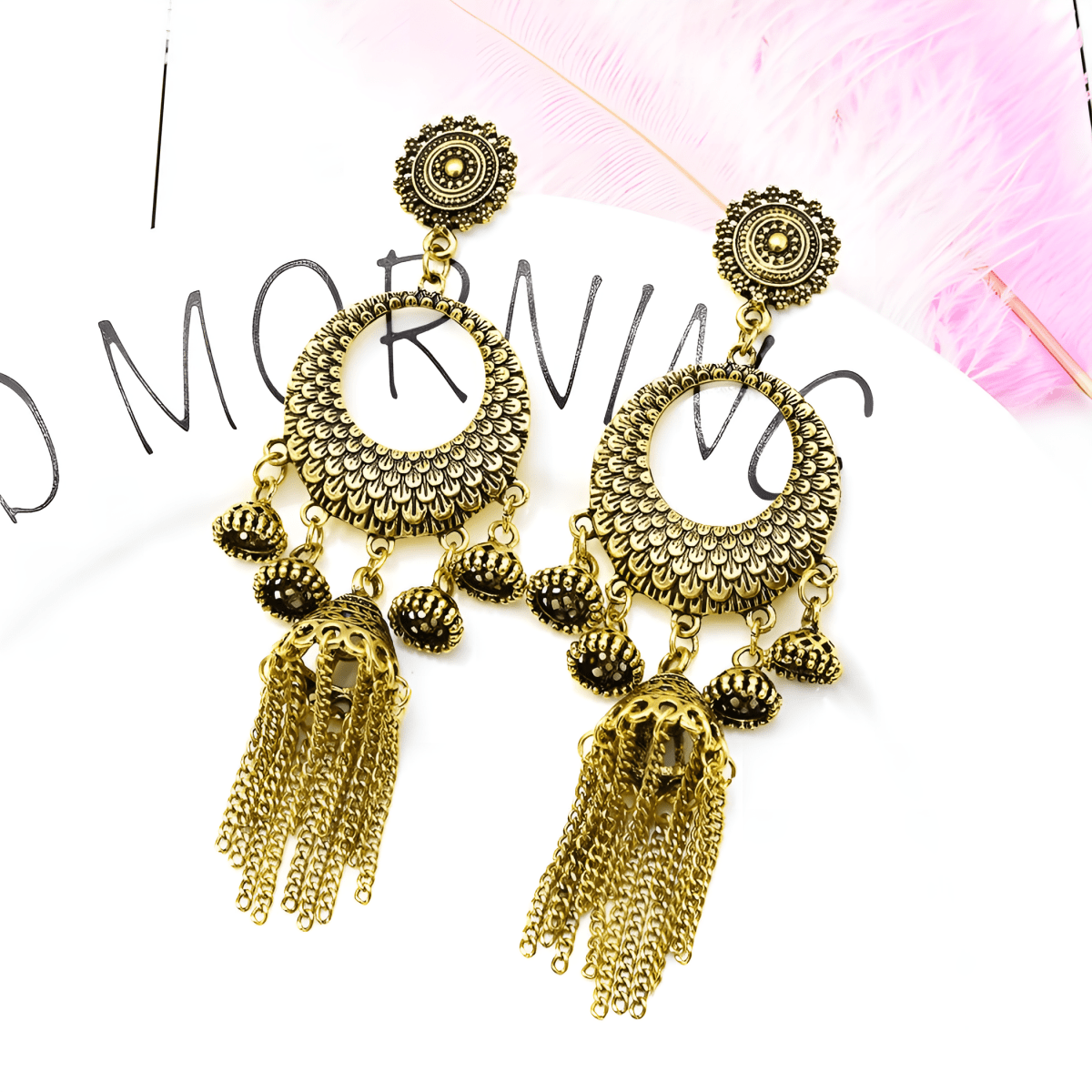 Trendy Classy Metallic Geometric Creative Fringe Tassel Jhumka Earring – Earrings Online in Pakistan | Hanaya