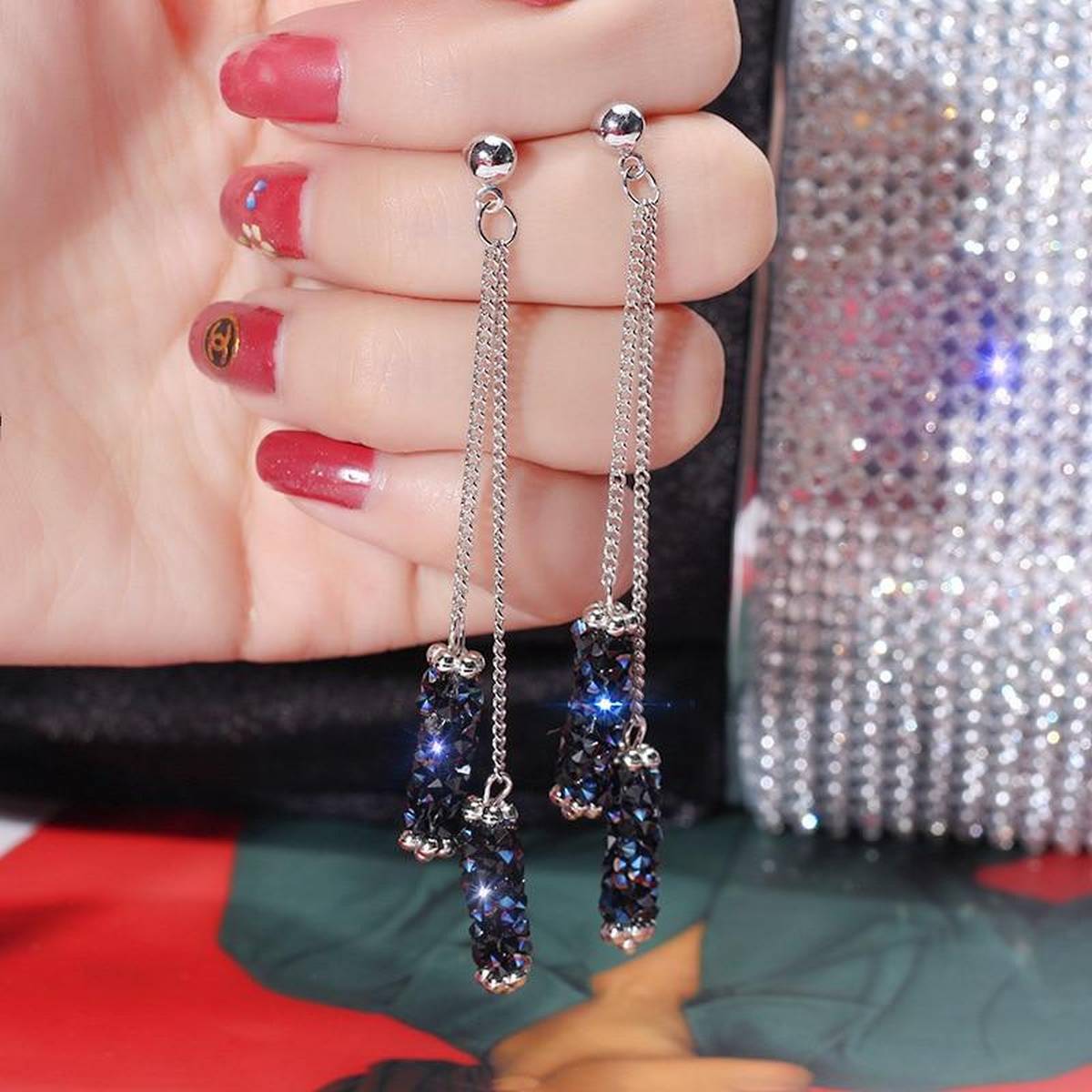 Trendy Creative Crushed Crystal Tassel Long Geometric Earring - Hanaya Store