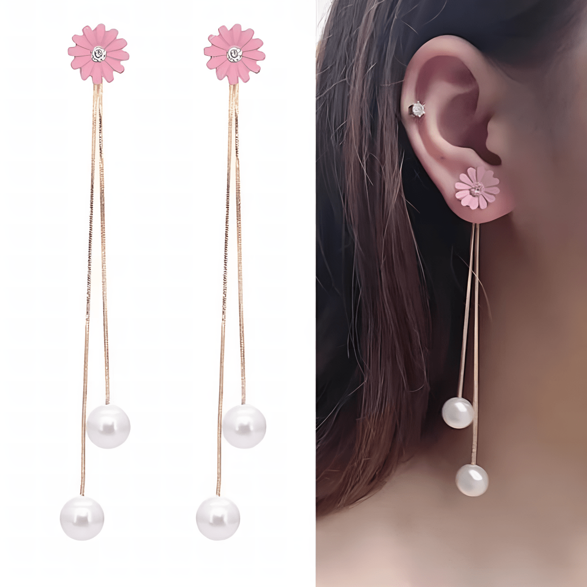 Trendy Flower Hanging Pearls Drop Earrings - Hanaya Store