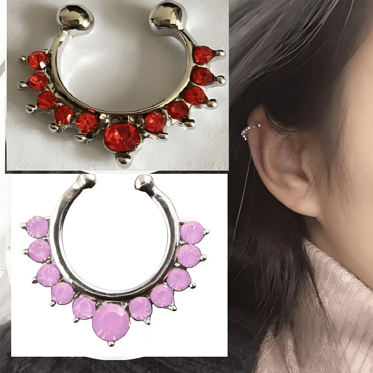 Trendy Pair Red and Pink 2 Pieces Crystals Ear Cuff Earrings Adjustable - Hanaya Store