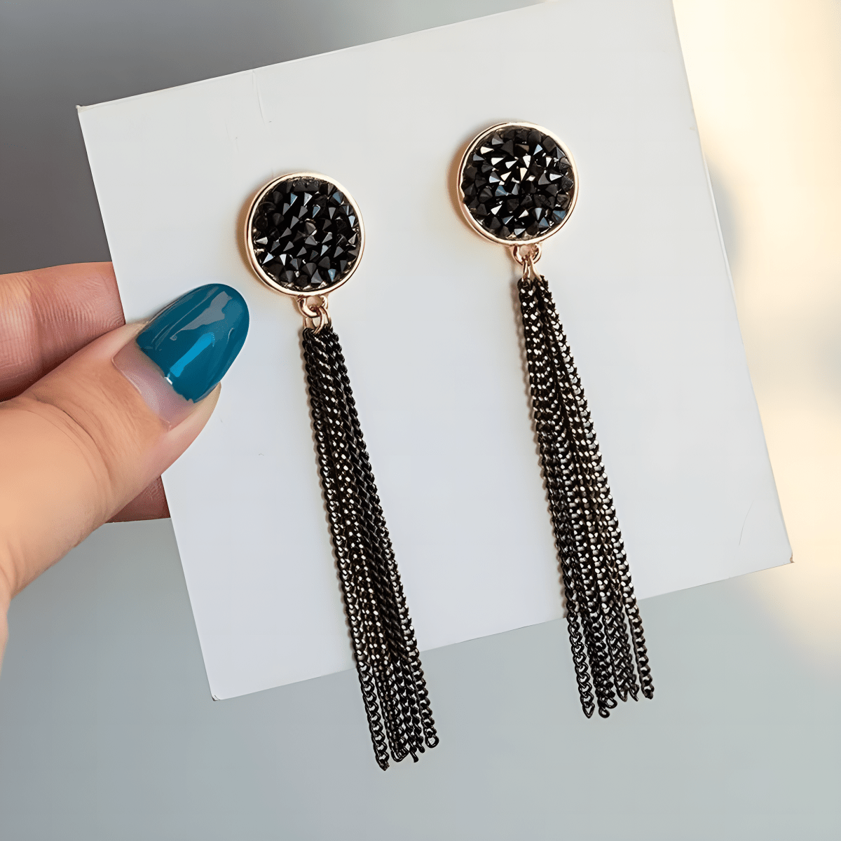 Trendy Royal Black Crushed Stone Two Tone Chain Elegant Drop Earring - Hanaya Store