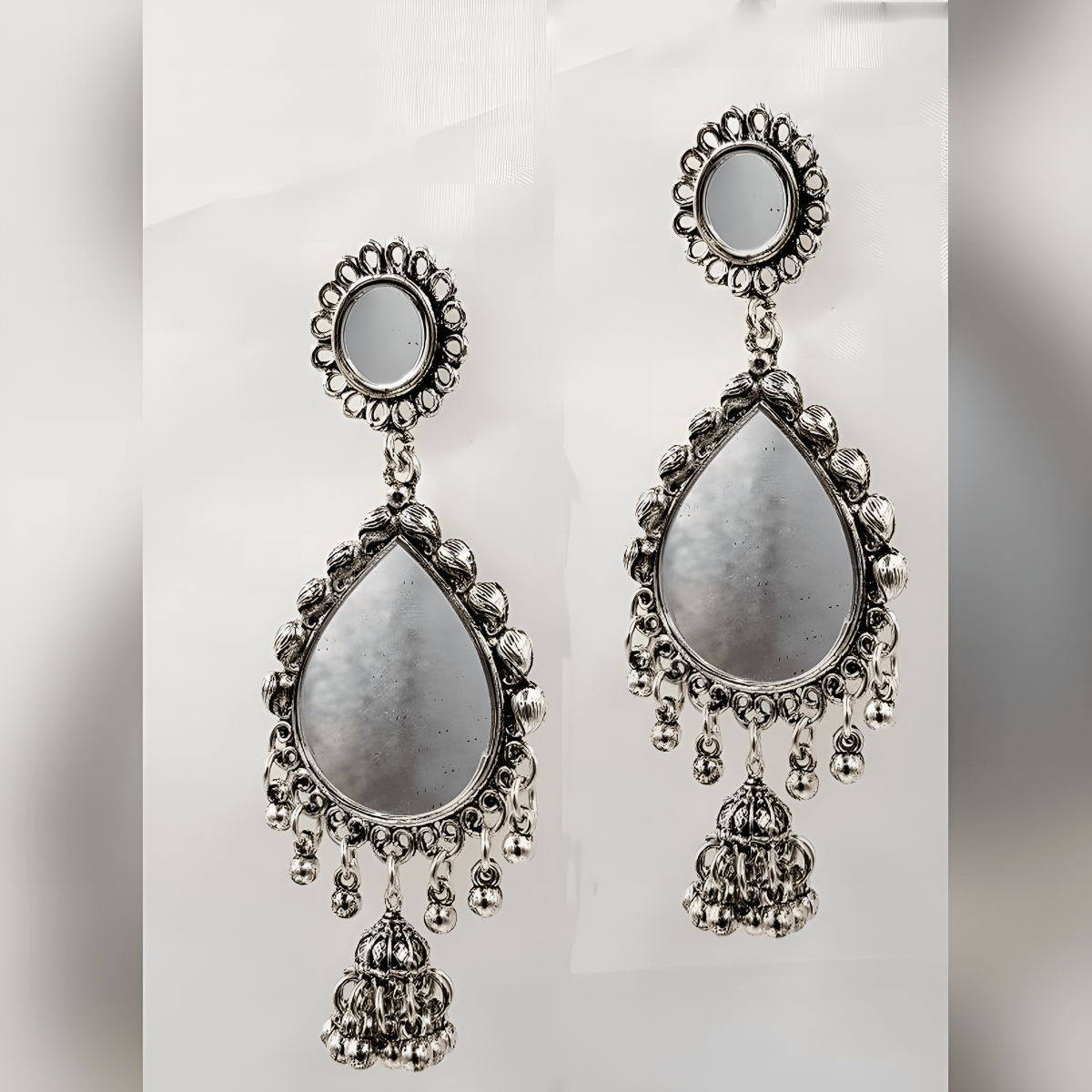 Trendy Silver Antique Mirror Tassel Fully Pearl Earring – Earrings Online in Pakistan | Hanaya