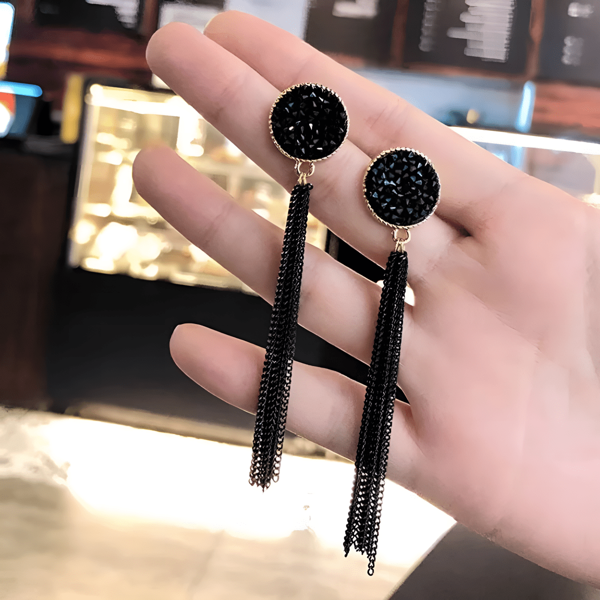 Zircon Stud Retro long Tassel Exaggerated Chain Black Crystal Long Earrings - Hanaya Store